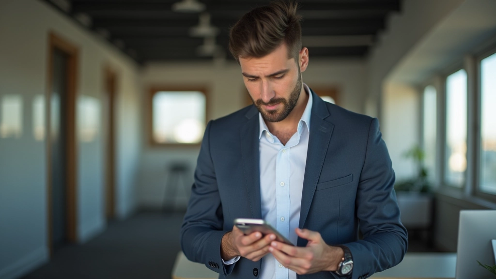 Persona revisando aplicación de banca móvil en ambiente profesional