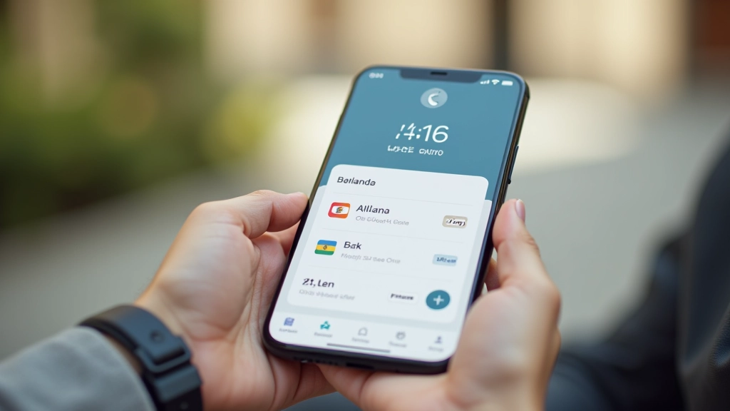 Aplicación de banca móvil en pantalla de teléfono inteligente mostrando transacciones y saldo de cuenta